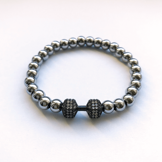 Fit Kolekcja - Beaded Dumbbell Bracelet - Black Zirconia & Silver