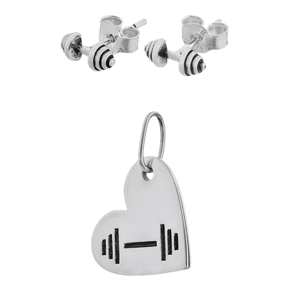 Fit Kolekcja - Set of Oxidised Sterling Silver Jewellery - HEART AND DUMBBELL Pendant & DUMBBELL Earrings Studs