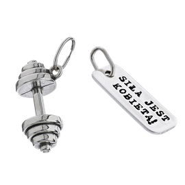 Fit Kolekcja - Srebrne zawieszki na łańcuszek DUMBBELL 001 / SIŁA JEST KOBIETĄ