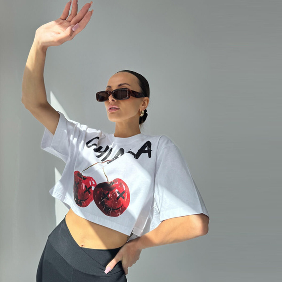 Chiara Wear - T-shirt crop top CHERRY - biały