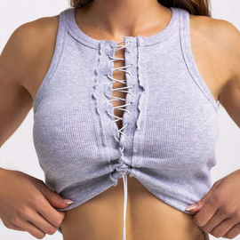 Chiara Wear - Lace Up Front Racerback Crop Tank Top - grey
