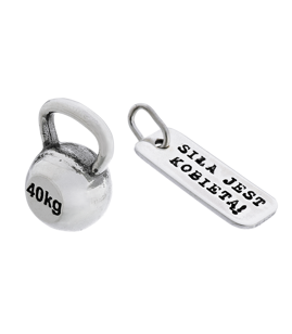 Fit Kolekcja - Srebrne zawieszki na łańcuszek KETTLEBELL 001 / SIŁA JEST KOBIETĄ