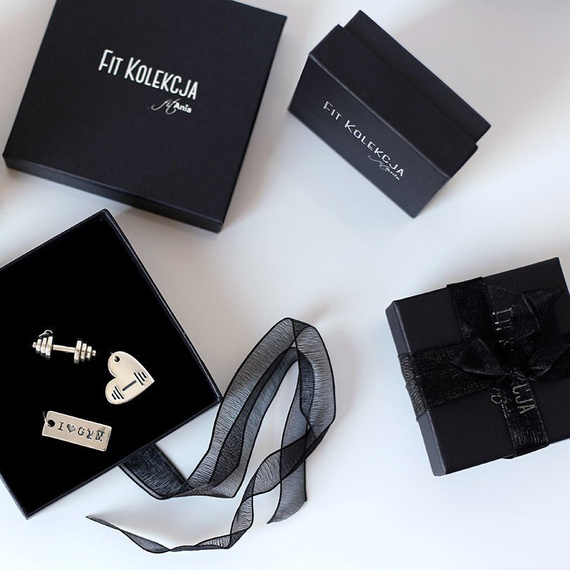 Fit Kolekcja - Set of Oxidised Sterling Silver Jewellery - HEART AND DUMBBELL Pendant & DUMBBELL Earrings Studs