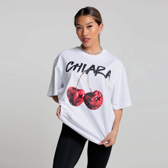Chiara Wear - T-shirt bawełniany oversize CHERRY - biały
