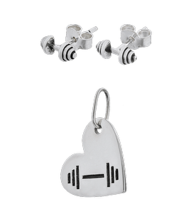 Fit Kolekcja - Set of Oxidised Sterling Silver Jewellery - HEART AND DUMBBELL Pendant & DUMBBELL Earrings Studs