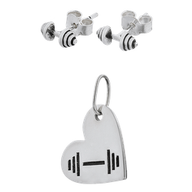 Fit Kolekcja - Zestaw srebrny Zawieszka Serce i sztangielka 01 + Kolczyki SZTANGIELKI