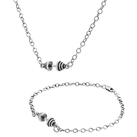 Fit Kolekcja - Set of Oxidised Sterling Silver Jewellery - MINI DUMBBELL Necklace &  MINI DUMBBELL Bracelet