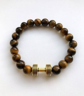 Fit Kolekcja - Bransoletka z koralików ze sztangielką old gold & tiger's eye